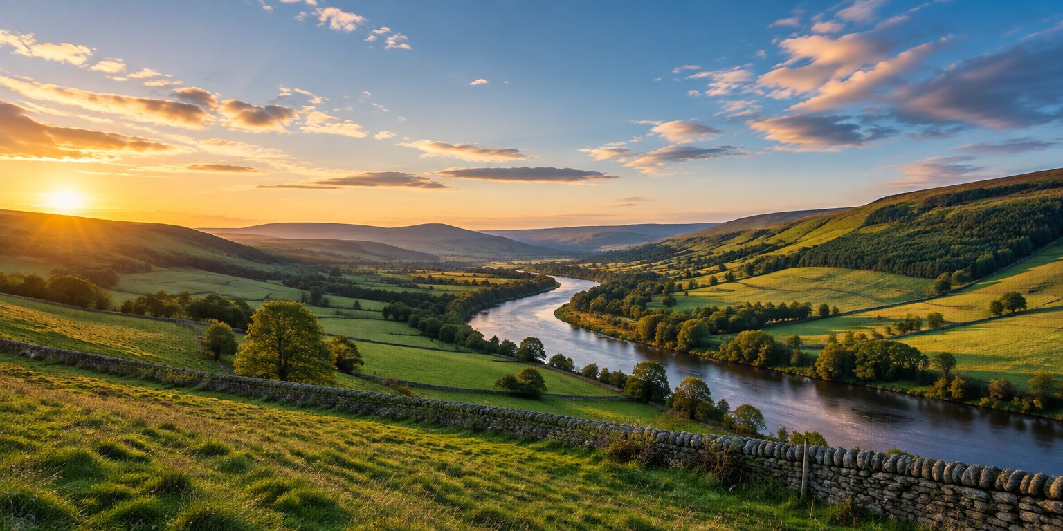 Rolling hills and a river valley in the Scottish Borders at golden hour