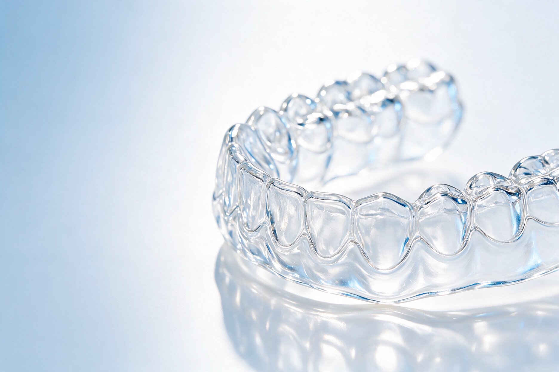A crystal-clear orthodontic aligner on a bright white surface