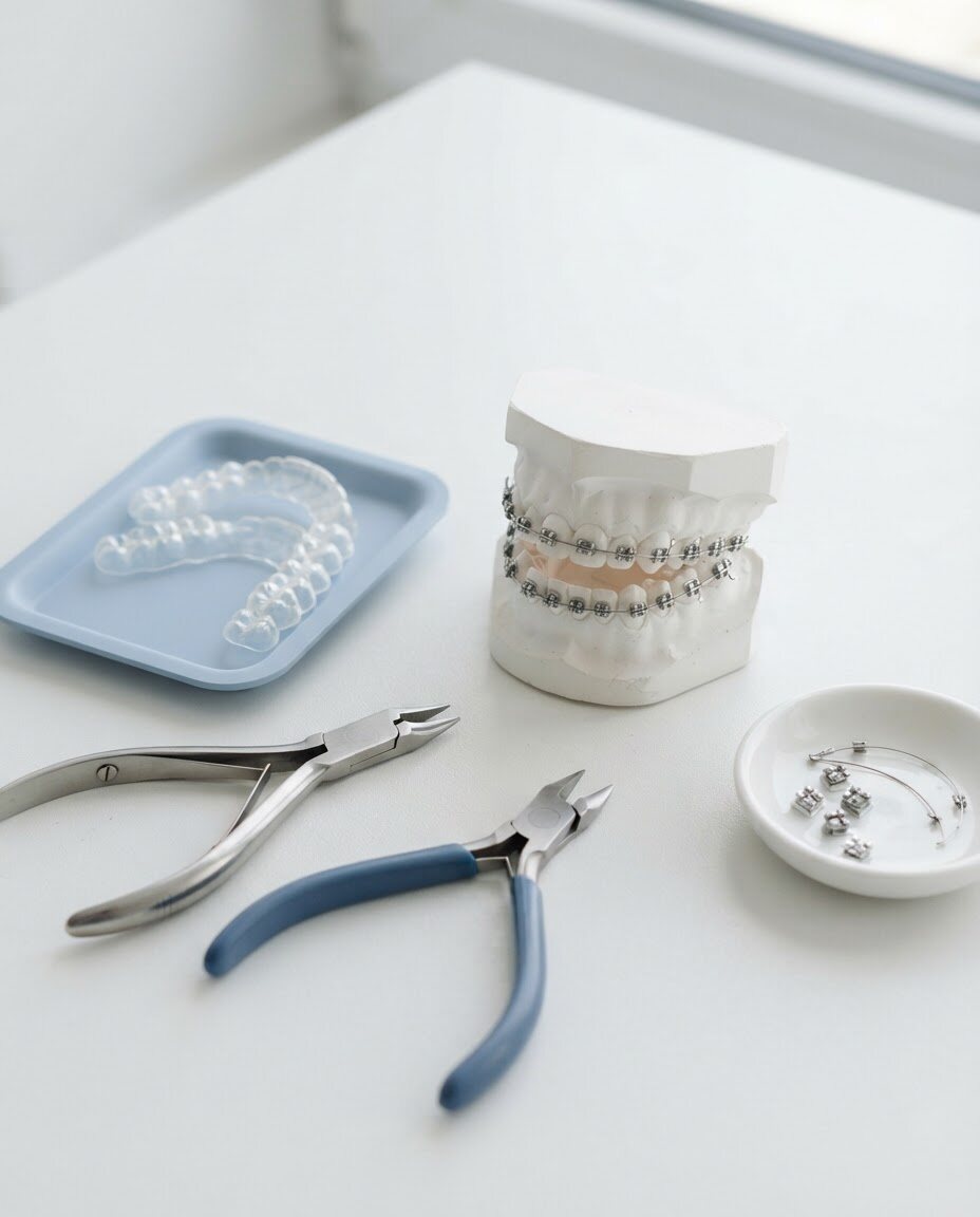 Orthodontic pliers, a study model with braces and clear aligners laid out on a white desk