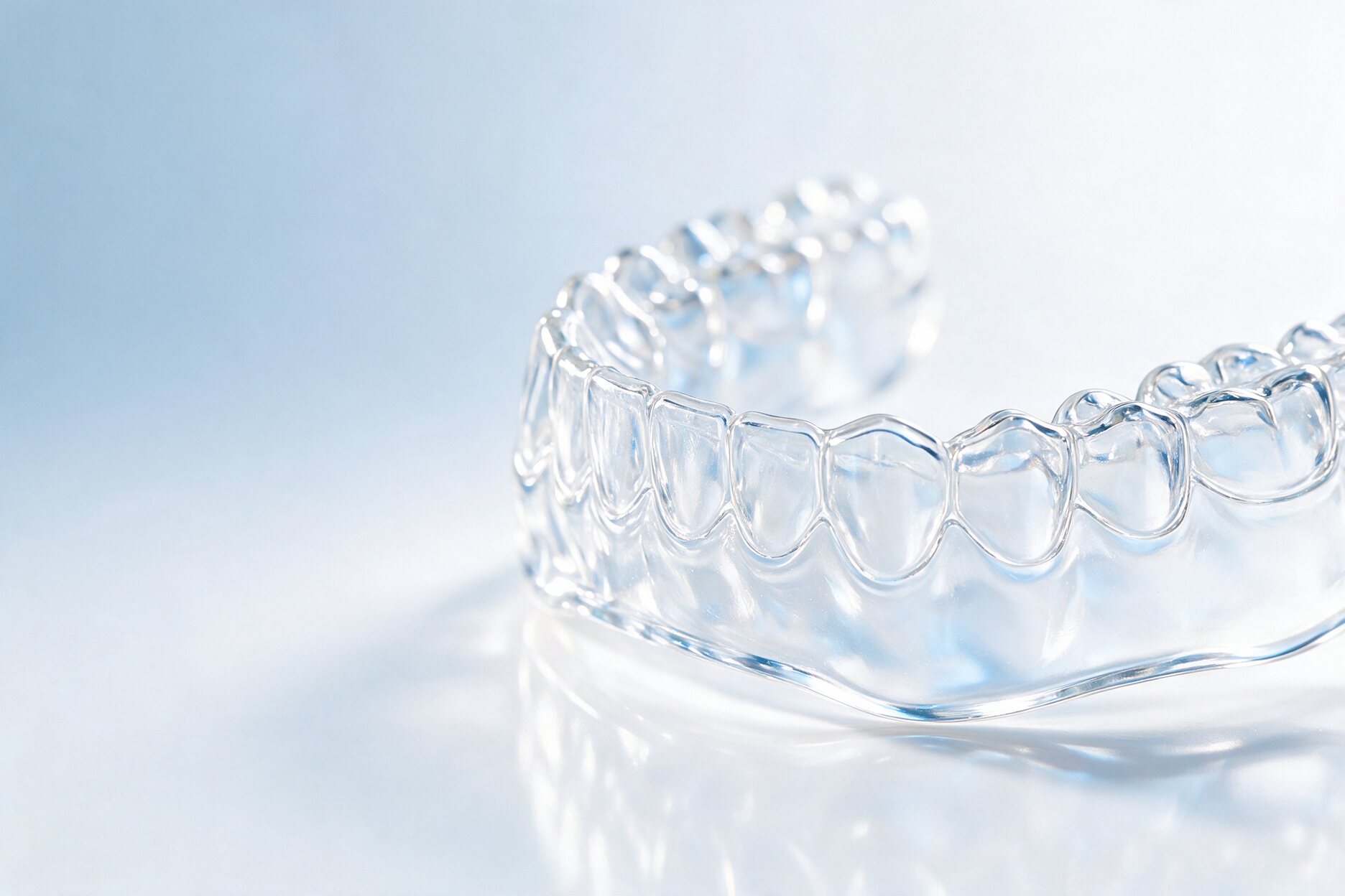 A clear aligner on a bright surface
