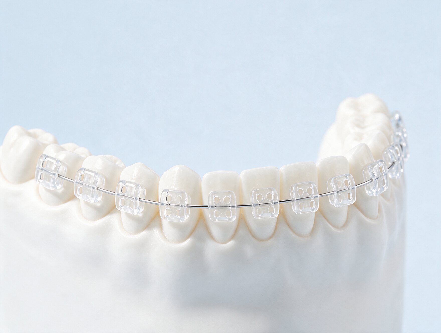 Clear ceramic brackets on a dental model