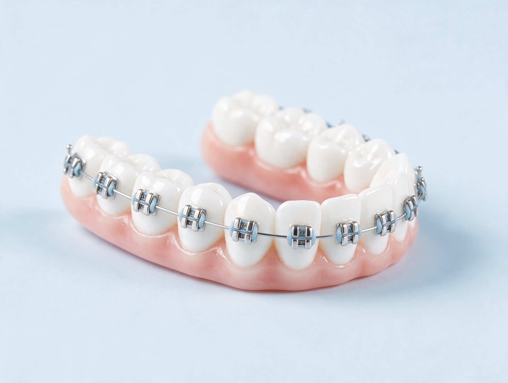 Metal braces on a dental model